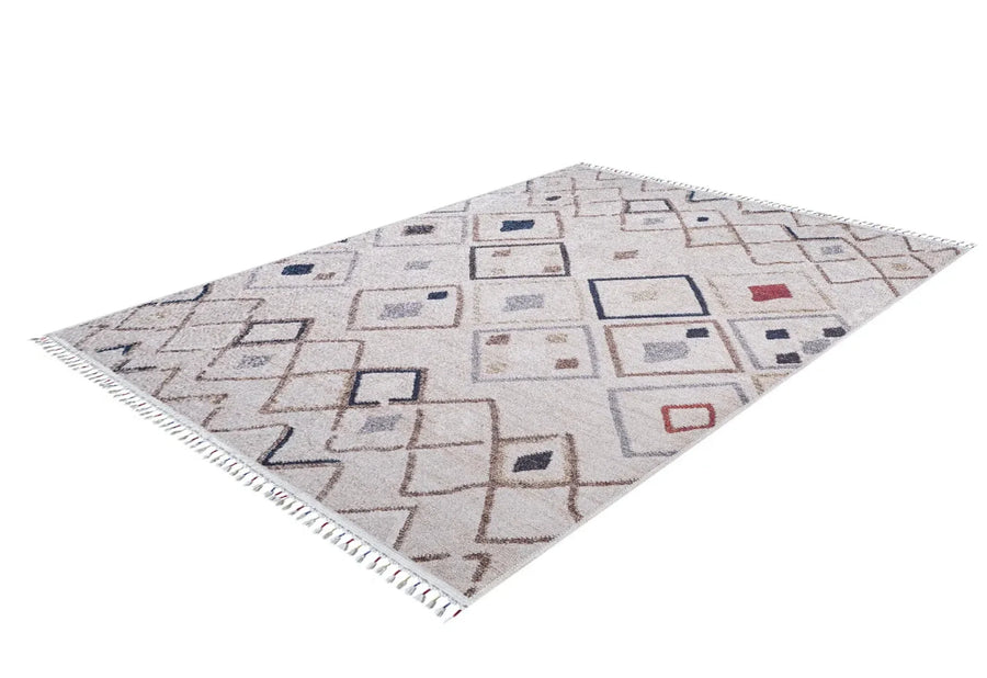 Krem Baklava Geometrik Halı - Yıkanabilir - Kaymaz Taban - Pati Dostu