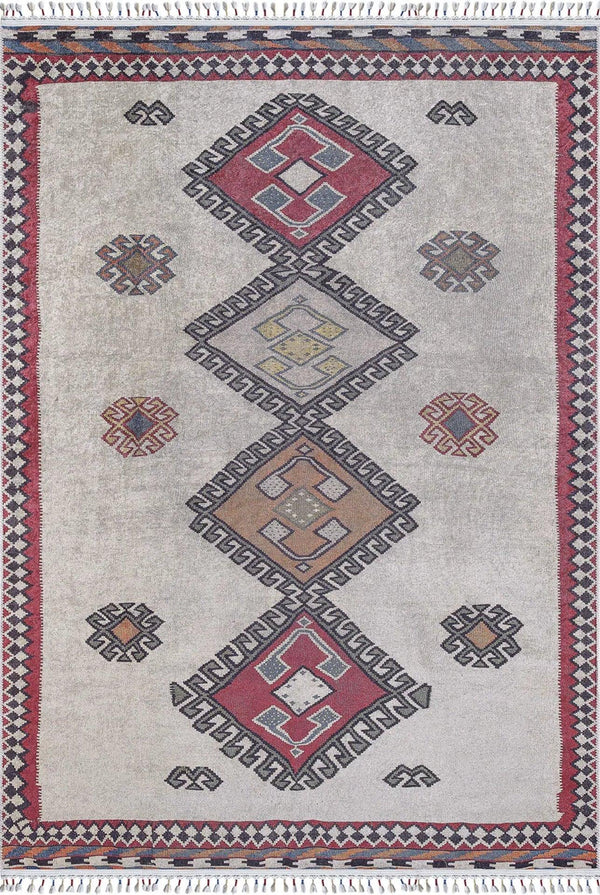 Gri Kırmızı Etnik Geometrik Halı - Yıkanabilir - Kaymaz Taban - Pati Dostu