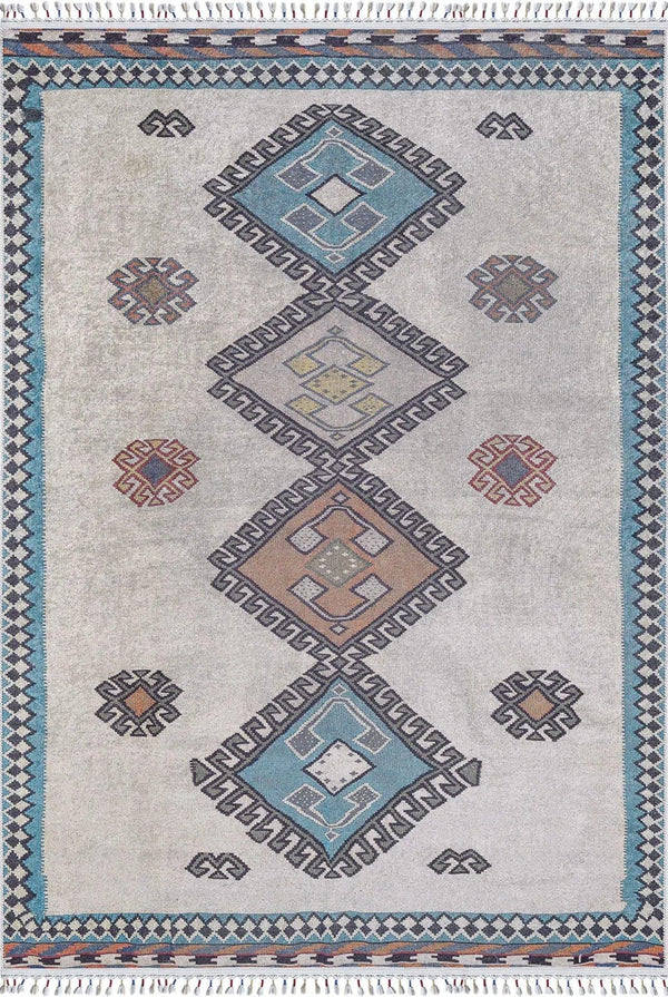 Gri Mavi Etnik Geometrik Halı - Yıkanabilir - Kaymaz Taban - Pati Dostu