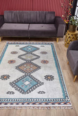 Light Gray Turquoise Bohemian Ethnic Geometric Living Room Rug - Polyester