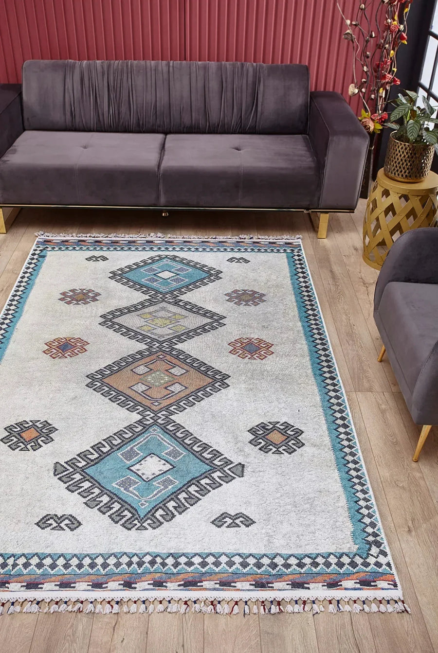 Gri Mavi Etnik Geometrik Halı - Yıkanabilir - Kaymaz Taban - Pati Dostu