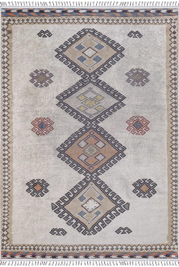 Bej Krem Etnik Geometrik Halı - Yıkanabilir - Kaymaz Taban - Pati Dostu