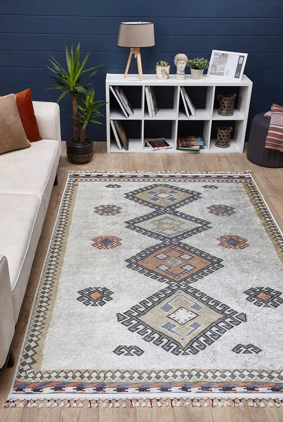 Bej Krem Etnik Geometrik Halı - Yıkanabilir - Kaymaz Taban - Pati Dostu