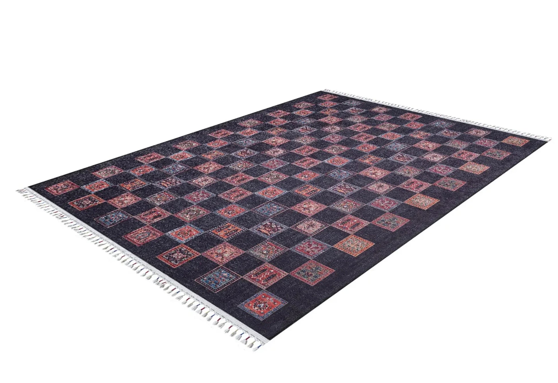 Kırmızı Siyah Damalı Geometrik Halı - Yıkanabilir - Kaymaz Taban - Pati Dostu