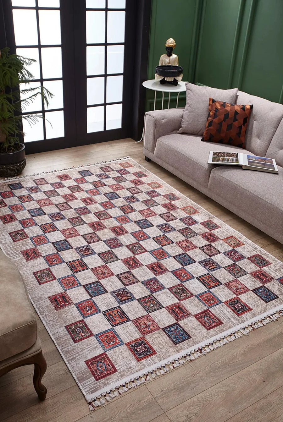 Gri Damalı Geometrik Halı - Yıkanabilir - Kaymaz Taban - Pati Dostu