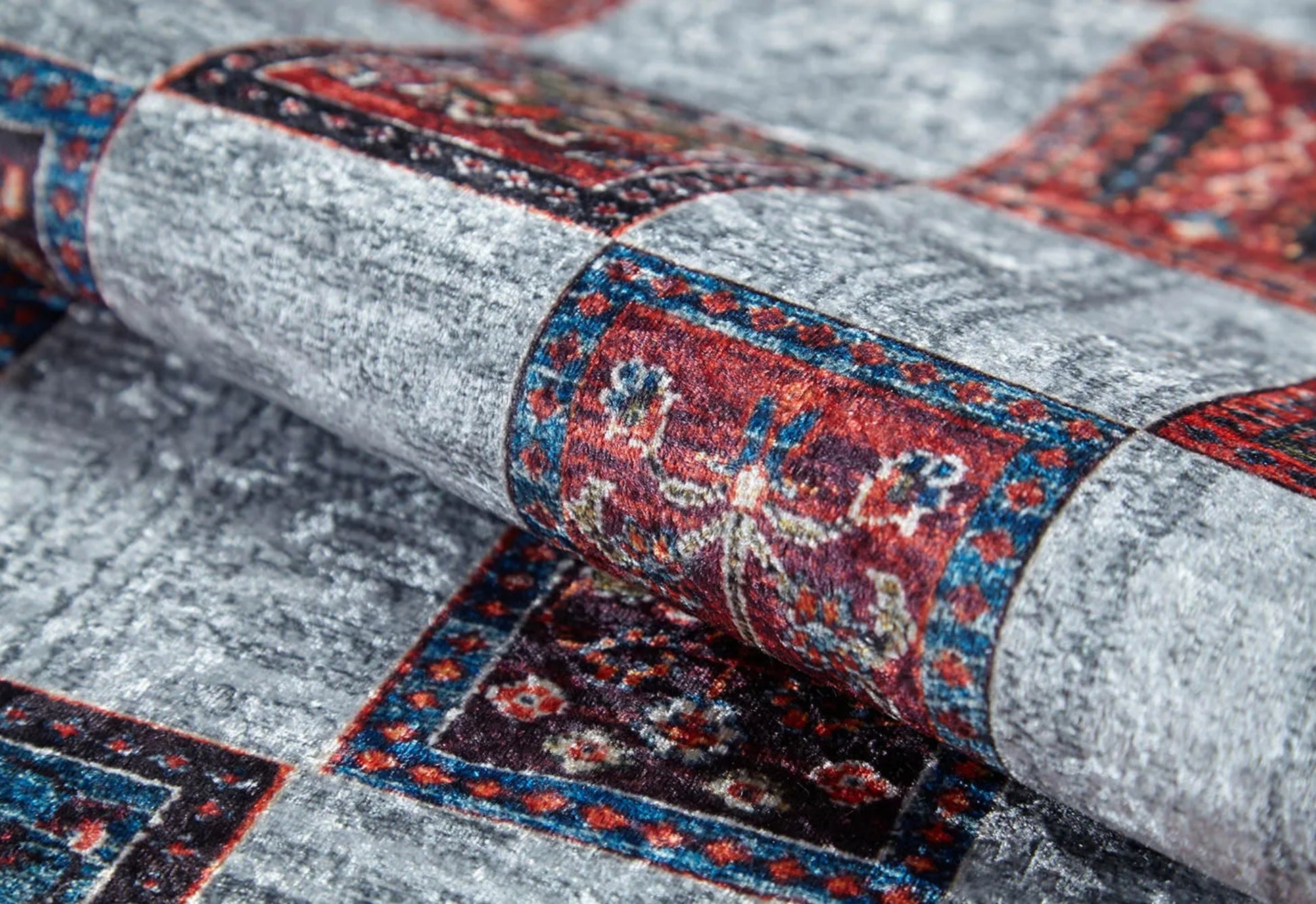 Korfantów Gri Geometrik Dijital Baskı Halı Halınet