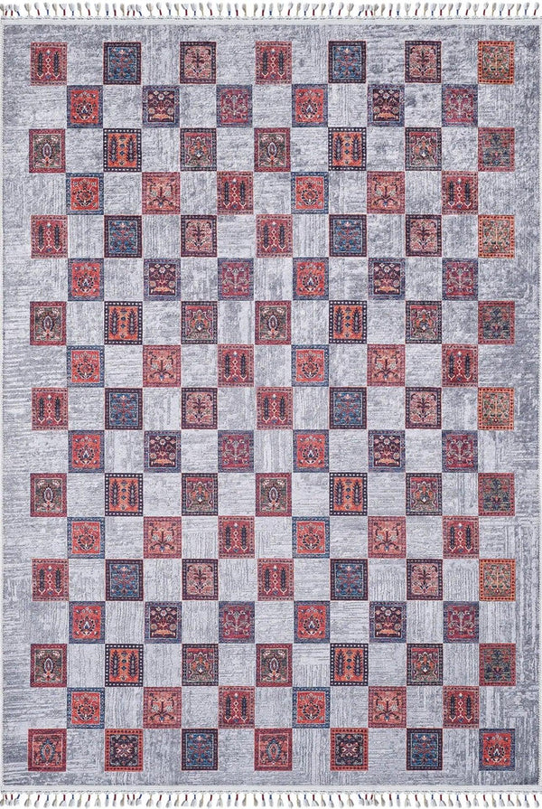 Gri Kırmızı Damalı Geometrik Halı - Yıkanabilir - Kaymaz Taban - Pati Dostu