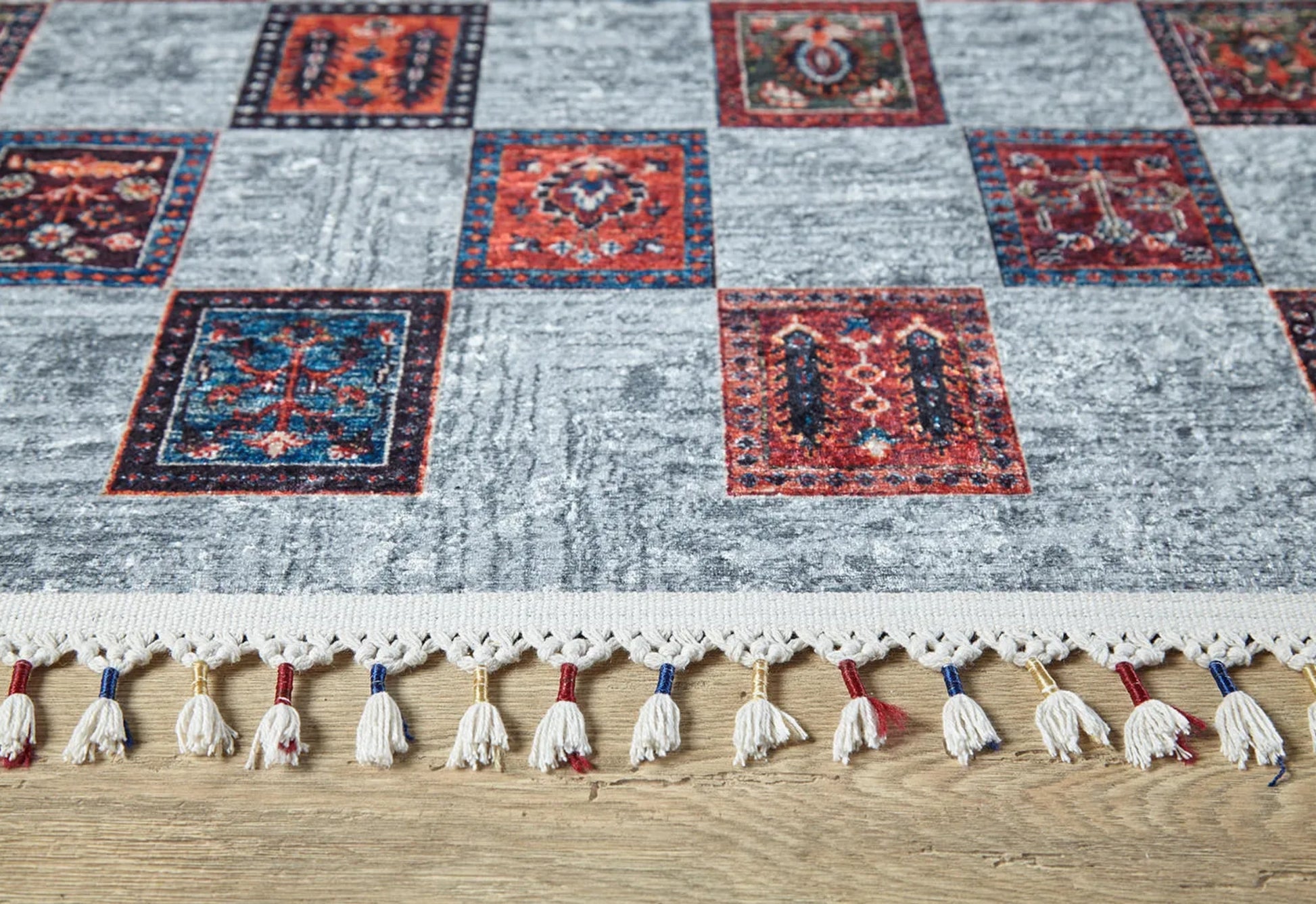 Korfantów Gri Geometrik Dijital Baskı Halı Halınet