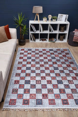 Light Grey Red Ethnic Kitchen Rug - Polyester Digital Print