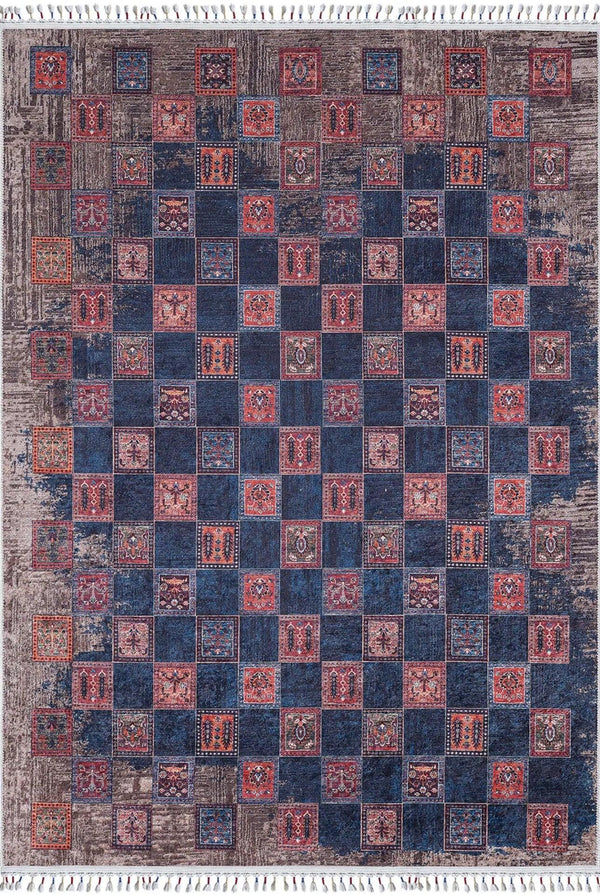 Kırmızı Damalı Geometrik Halı - Yıkanabilir - Kaymaz Taban - Pati Dostu