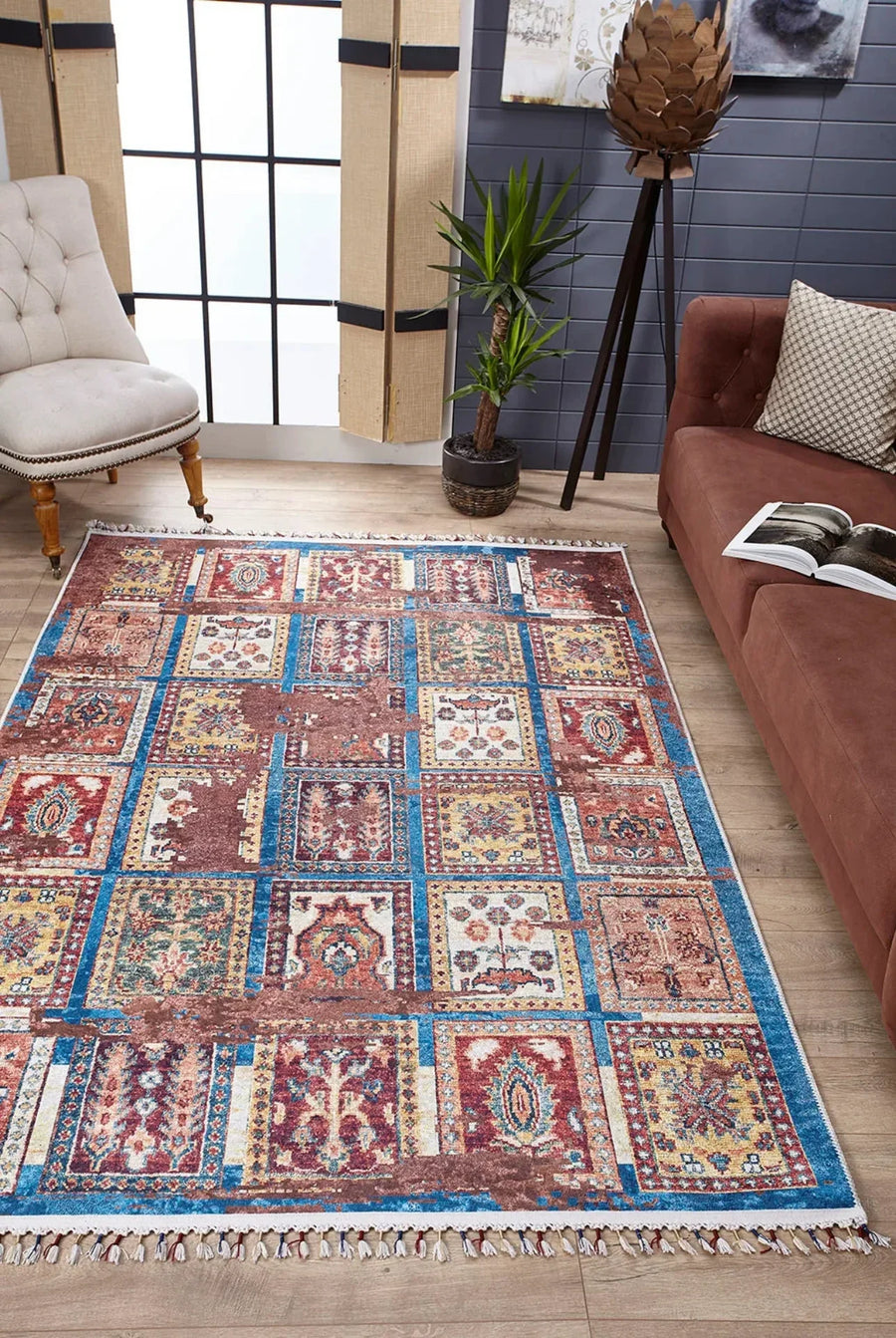 Kırmızı Mavi Klasik Modern Halı - Yıkanabilir - Kaymaz Taban - Pati Dostu