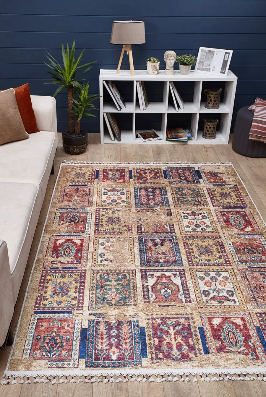 Bej Klasik Modern Halı - Yıkanabilir - Kaymaz Taban - Pati Dostu