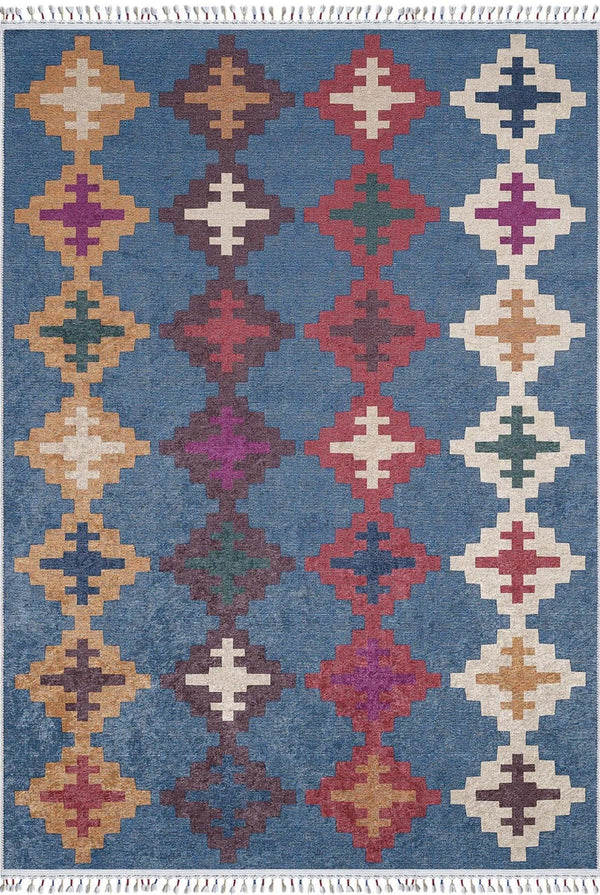 Mavi Baklava Geometrik Halı - Yıkanabilir - Kaymaz Taban - Pati Dostu