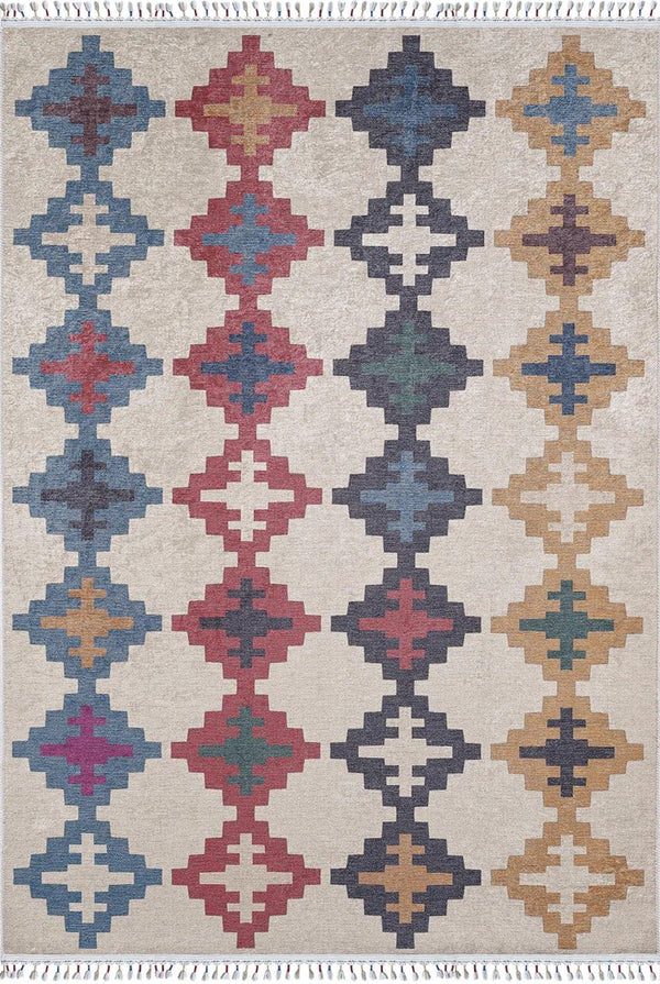 Bej Mavi Baklava Geometrik Halı - Yıkanabilir - Kaymaz Taban - Pati Dostu