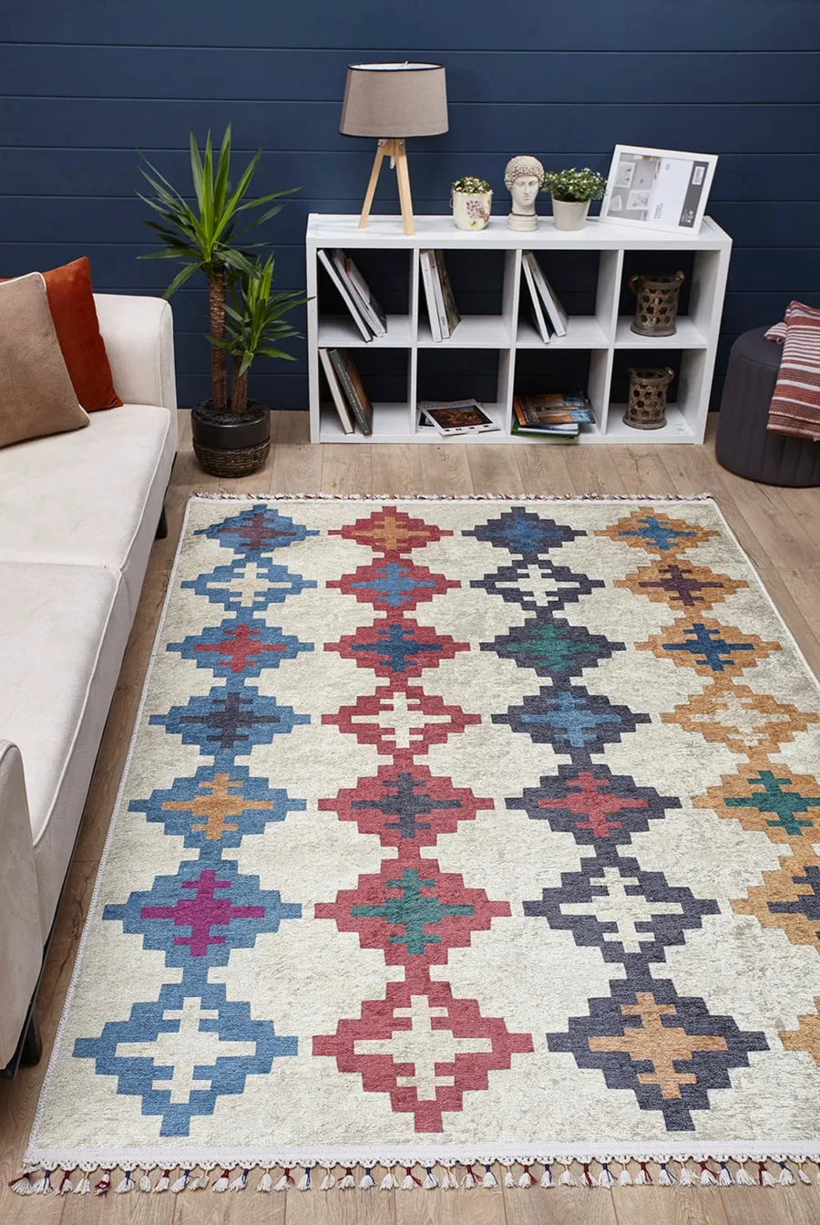 Bej Mavi Baklava Geometrik Halı - Yıkanabilir - Kaymaz Taban - Pati Dostu