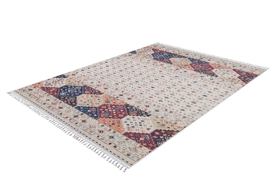 Bej Etnik Geometrik Halı - Yıkanabilir - Kaymaz Taban - Pati Dostu