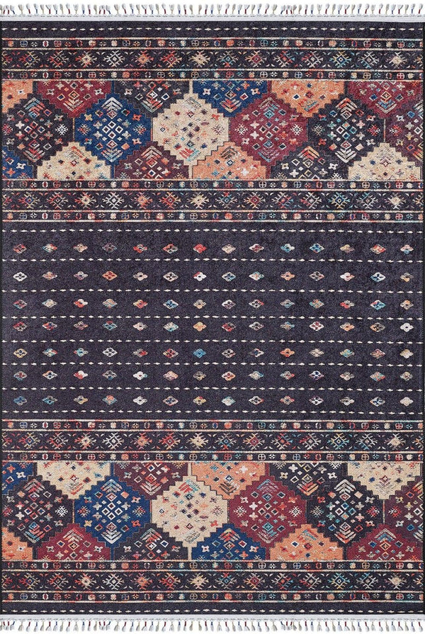 Siyah Etnik Geometrik Halı - Yıkanabilir - Kaymaz Taban - Pati Dostu