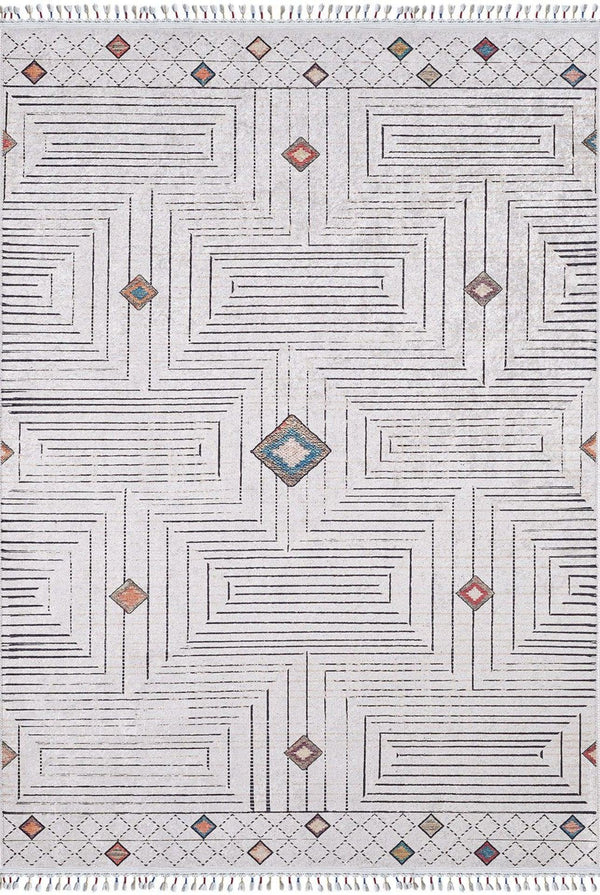 Bej Gri Geometrik Labirent Desenli Halı - Yıkanabilir - Kaymaz Taban - Pati Dostu