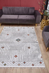 Light Gray Black Bohemian Geometric Living Room Rug - Polyester Digital Print