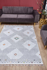 Light Gray White Bohemian Geometric Living Room Rug - Polyester