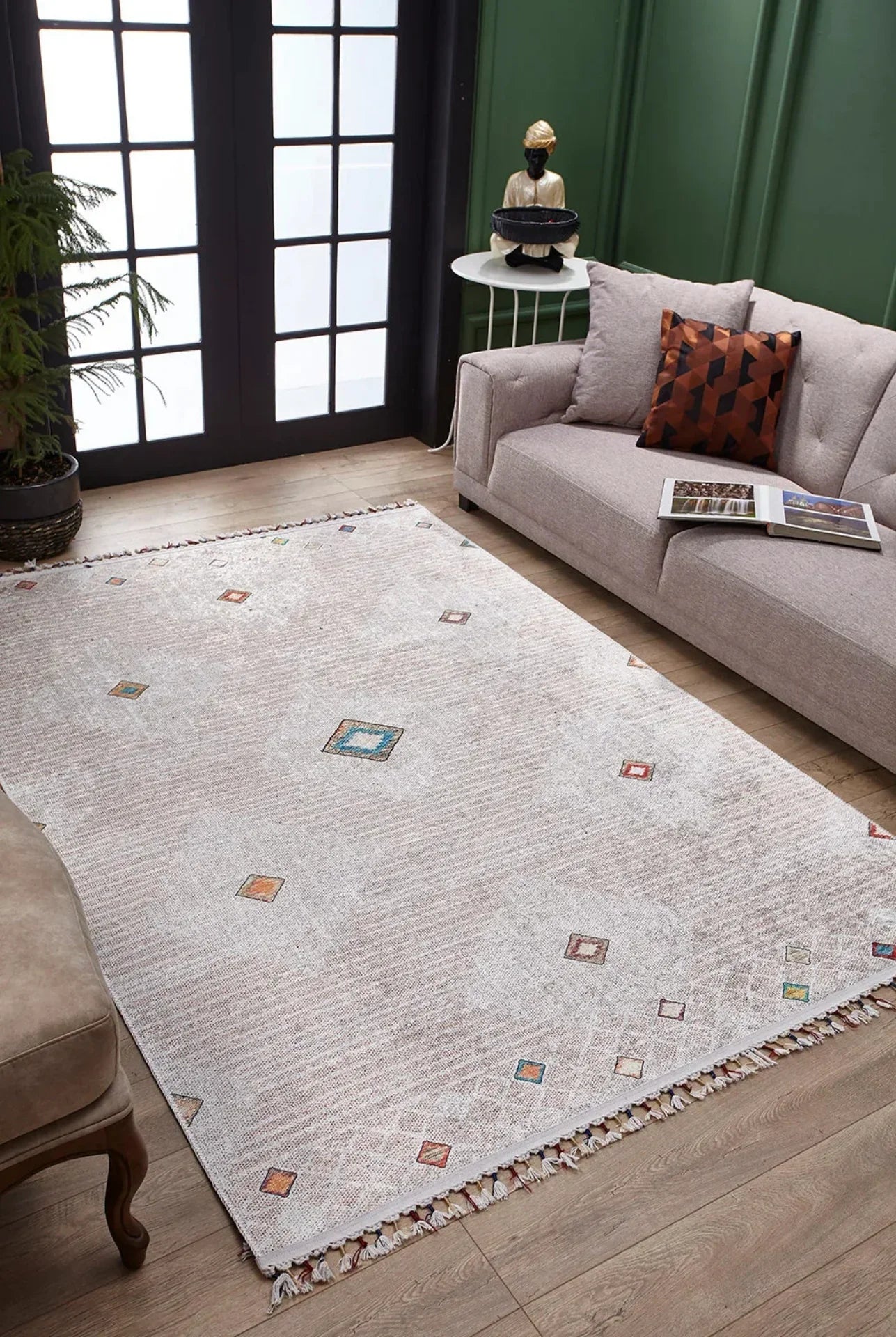 Krem Klasik Minimalist Desenli Halı - Yıkanabilir - Kaymaz Taban - Pati Dostu
