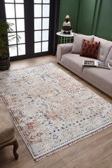 Outlet Digital Bedruckter Used-Look Vintage Muster Creme Blau Teppich 200x300 cm