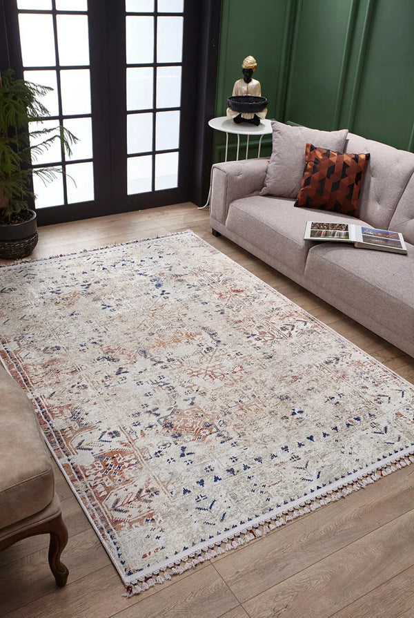 Cream Blue Abstract Pattern Polyester Digitally Printed Rug