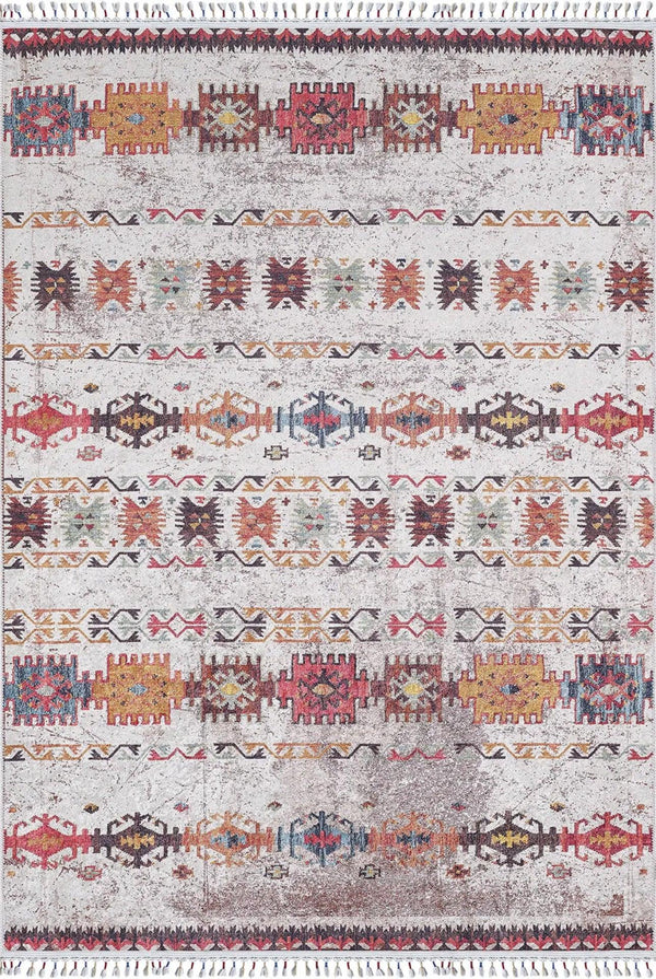 Krem Etnik Desenli Geometrik Halı - Yıkanabilir - Kaymaz Taban - Pati Dostu