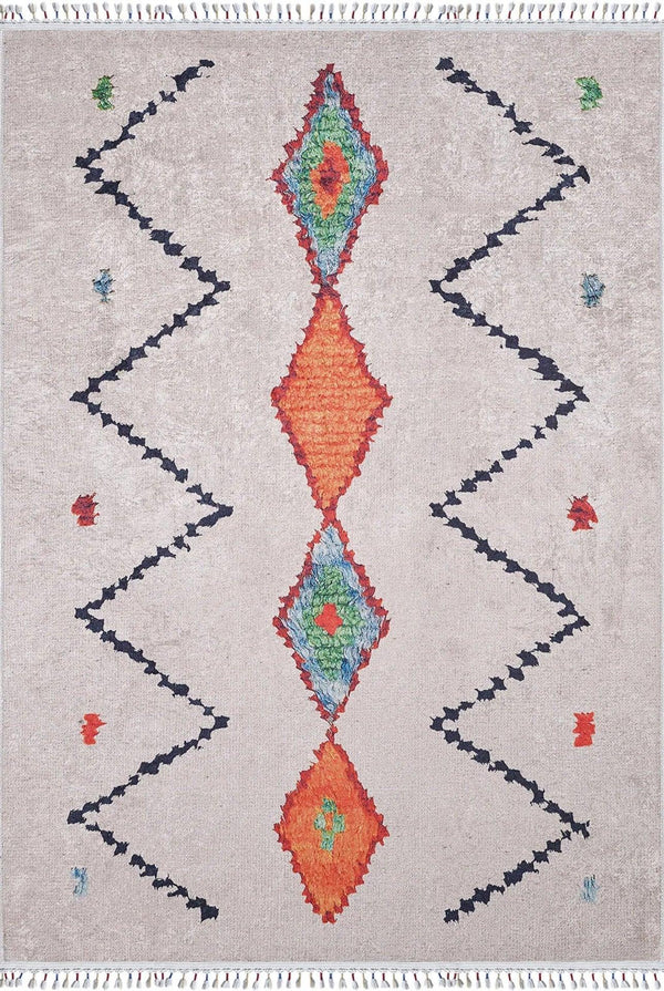 Bej Renkli Desenli Etnik Halı - Yıkanabilir - Kaymaz Taban - Pati Dostu