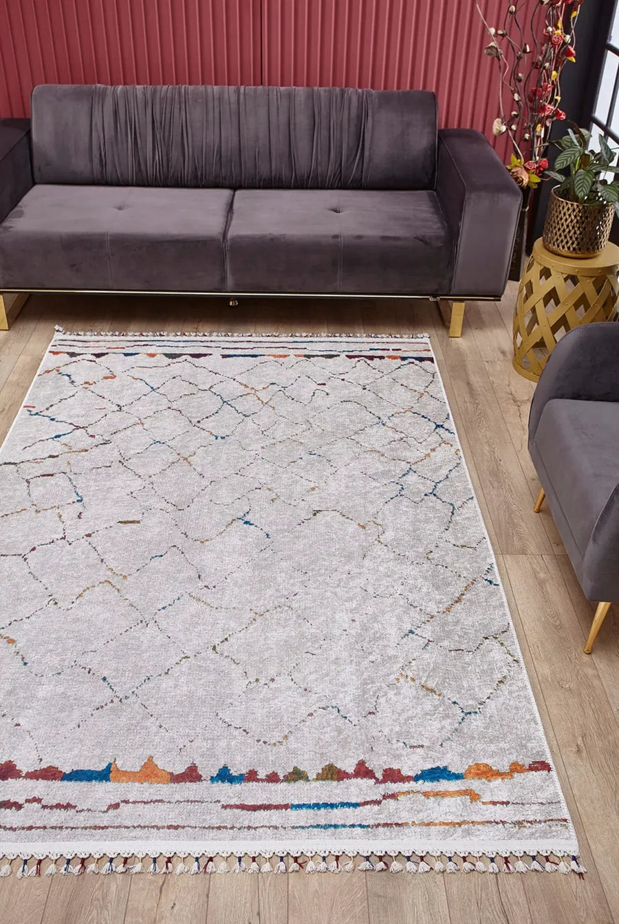 Bej Krem Geometrik Minimalist Halı - Yıkanabilir - Kaymaz Taban - Pati Dostu