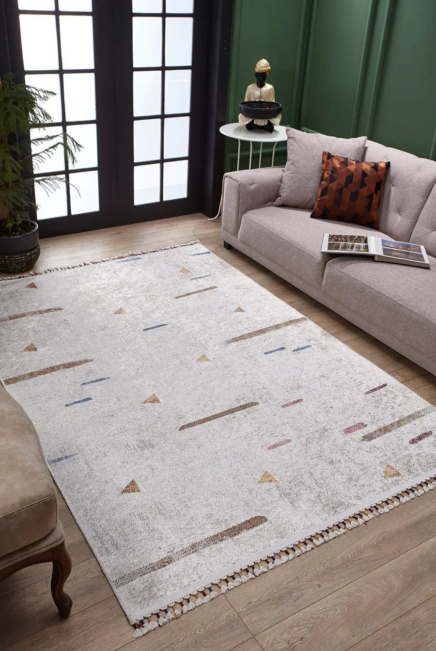 Bej Krem Klasik Minimalist Desenli Halı - Yıkanabilir - Kaymaz Taban - Pati Dostu