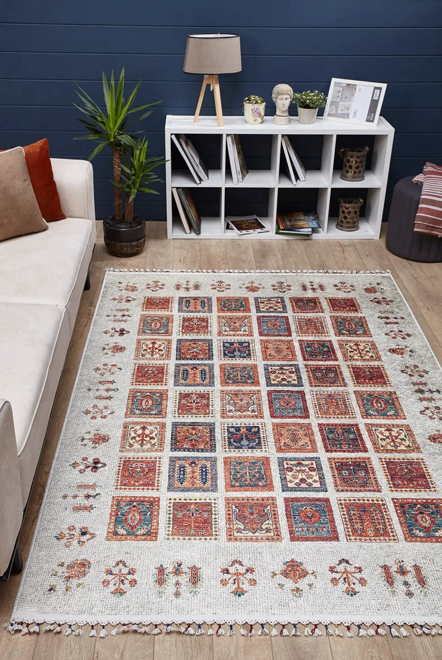Krem Geometrik Kareli Halı - Yıkanabilir - Kaymaz Taban - Pati Dostu