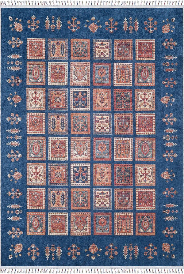 Mavi Geometrik Kareli Halı - Yıkanabilir - Kaymaz Taban - Pati Dostu