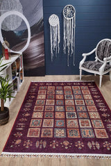 Claret Red and Navy Blue Traditional Classic Living Room Rug - Polyester