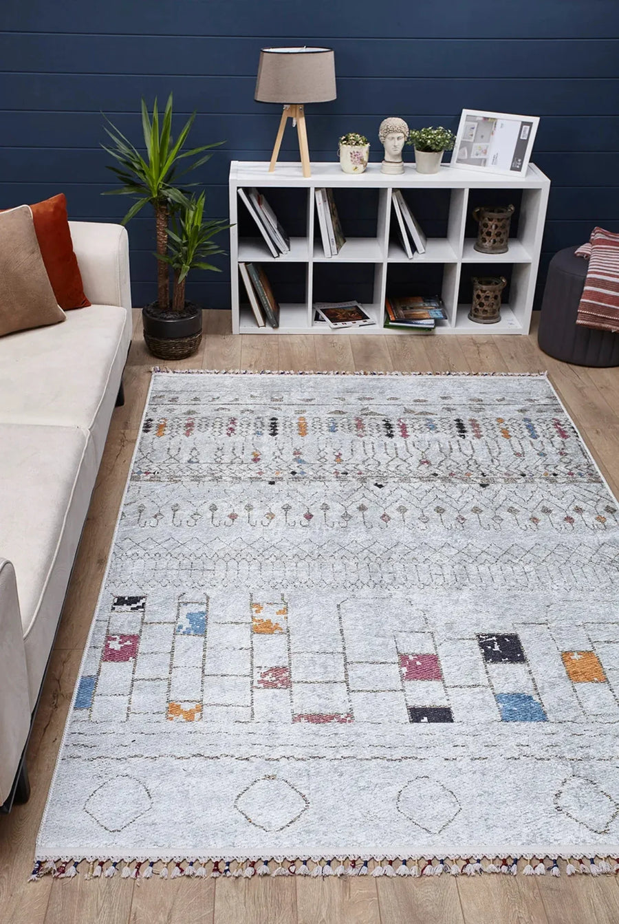 Beyaz Gri Geometrik Modern Halı - Yıkanabilir - Kaymaz Taban - Pati Dostu
