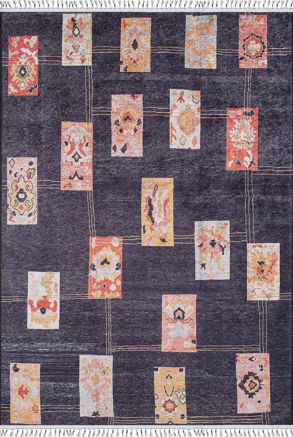 Antrasit Siyah Geometrik Modern Halı - Yıkanabilir - Kaymaz Taban - Pati Dostu