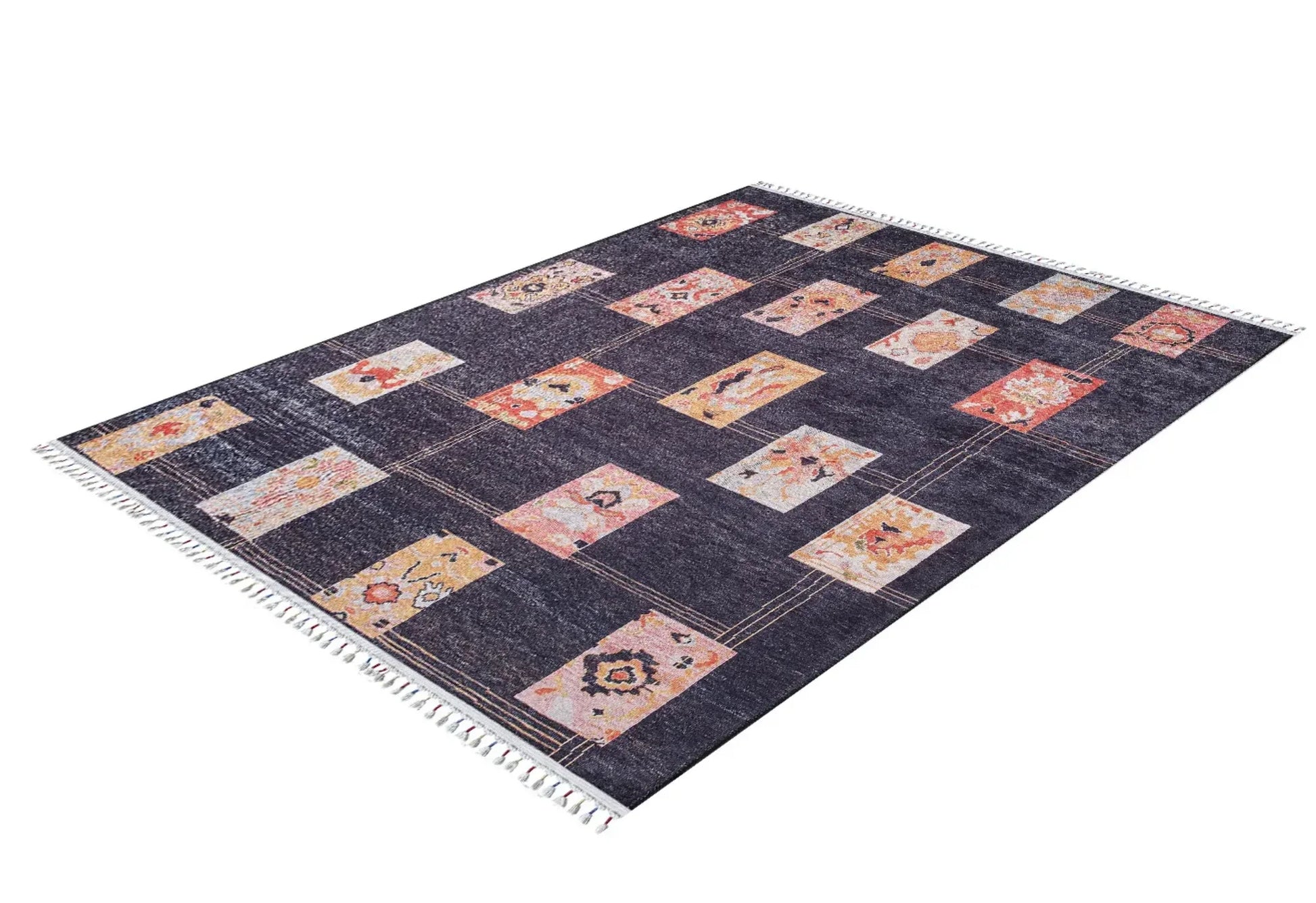 Antrasit Siyah Geometrik Modern Halı - Yıkanabilir - Kaymaz Taban - Pati Dostu
