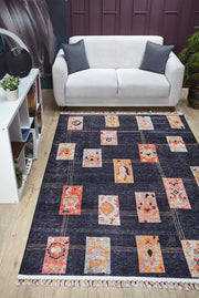 Antrasit Siyah Geometrik Modern Halı - Yıkanabilir - Kaymaz Taban - Pati Dostu