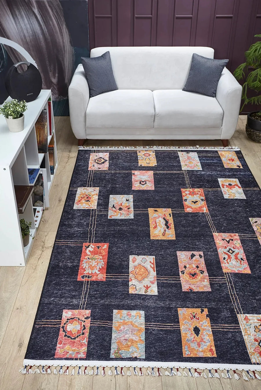 Antrasit Siyah Geometrik Modern Halı - Yıkanabilir - Kaymaz Taban - Pati Dostu