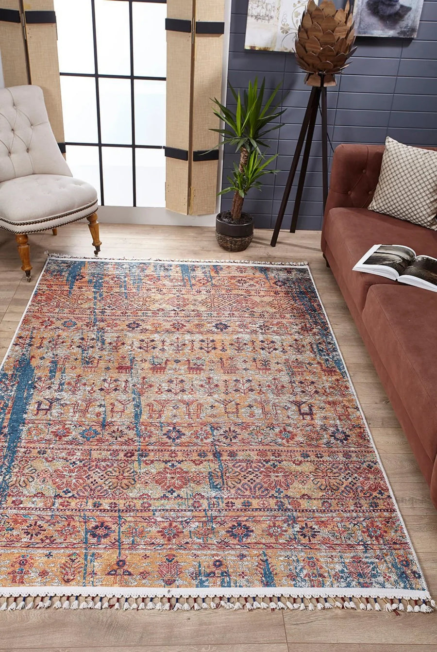 Eskitme Klasik Halı - Yıkanabilir - Kaymaz Taban - Pati Dostu