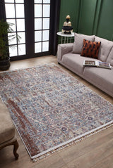 Beige Blue Distressed Living Room Rug Abstract Traditional - Polyester