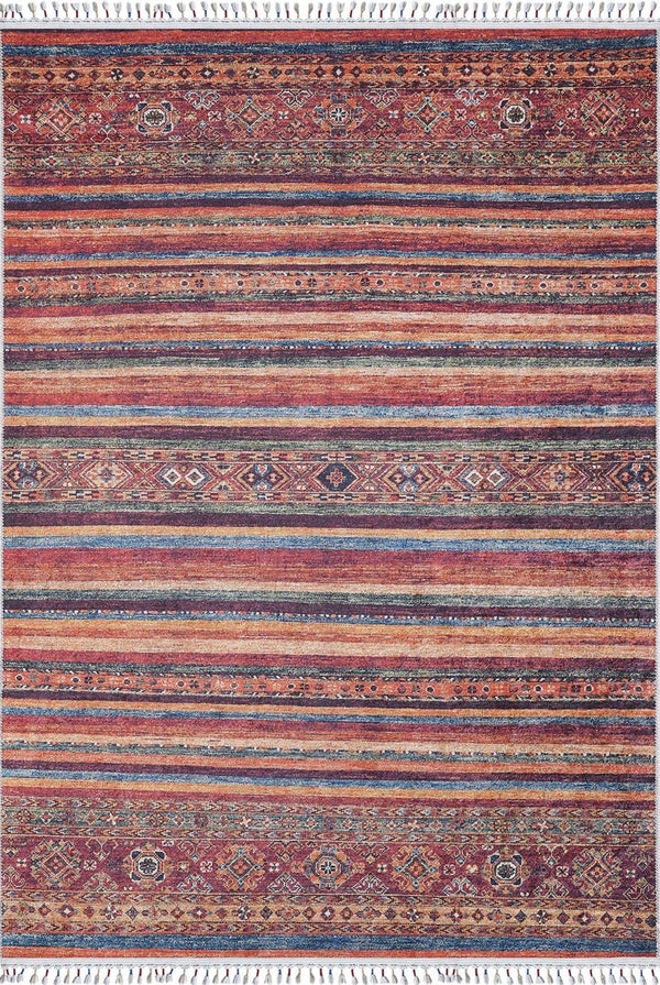 Kırmızı Modern Yatay Desenli Halı - Yıkanabilir - Kaymaz Taban - Pati Dostu