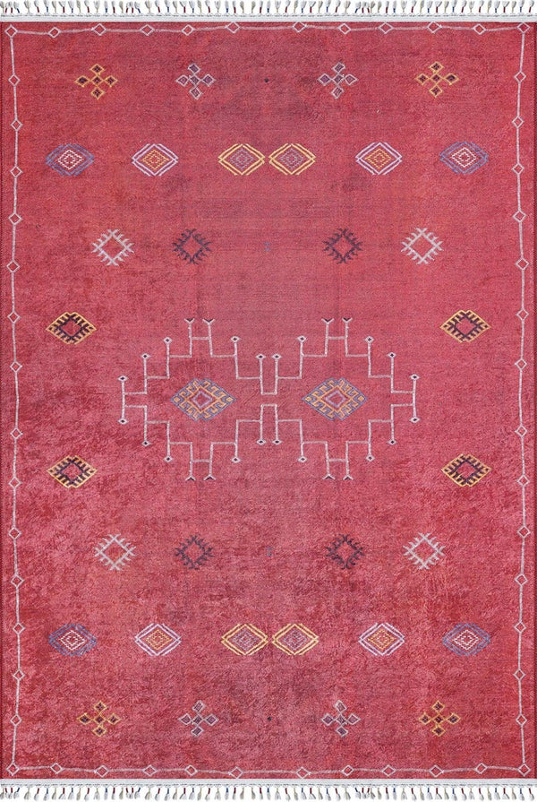 Kırmızı Etnik Klasik Halı - Yıkanabilir - Kaymaz Taban - Pati Dostu