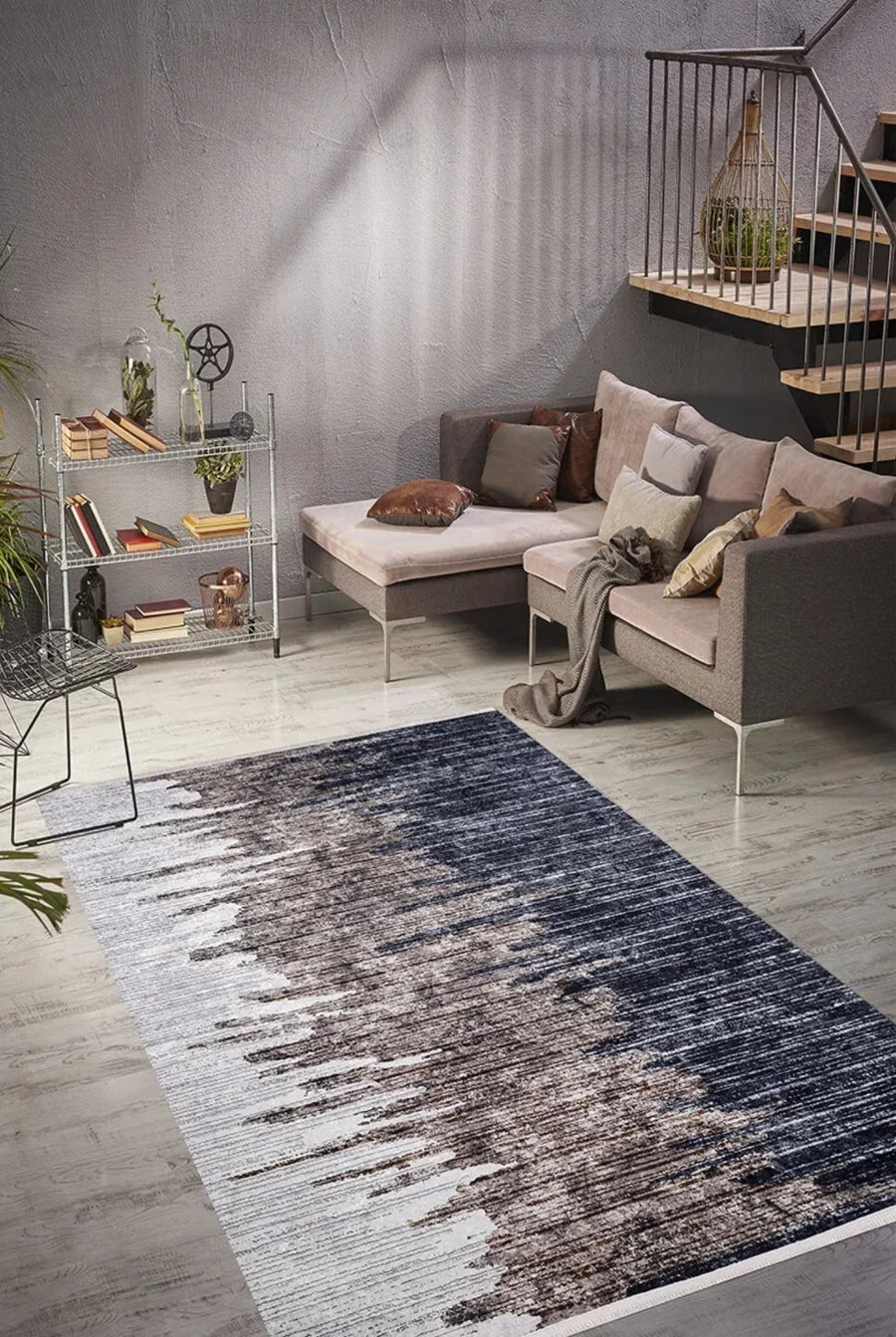 Gri Krem Modern Soyut Halı - Yıkanabilir - Kaymaz Taban - Pati Dostu