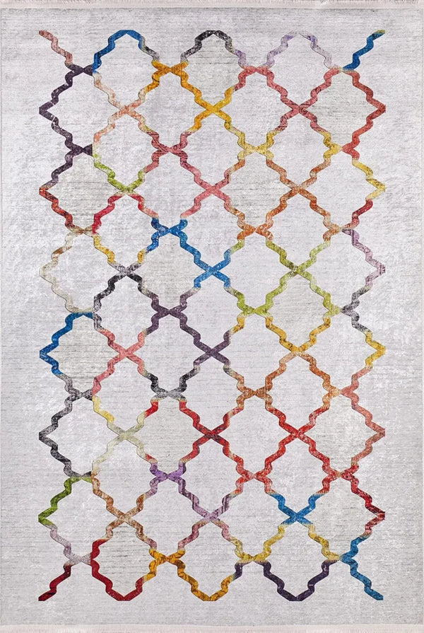 Beyaz Geometrik Modern Halı - Yıkanabilir - Kaymaz Taban - Pati Dostu