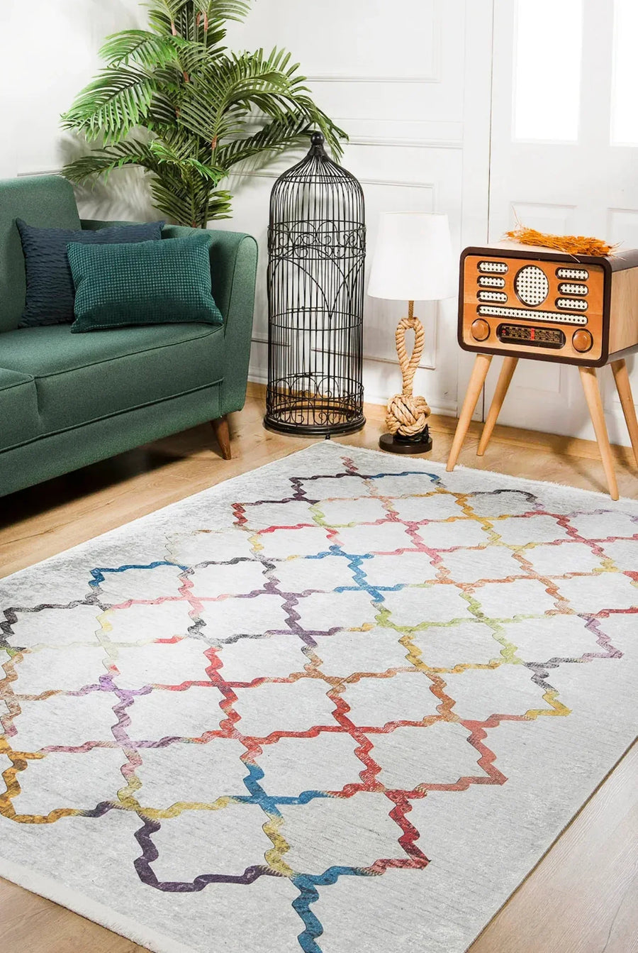 Beyaz Geometrik Modern Halı - Yıkanabilir - Kaymaz Taban - Pati Dostu