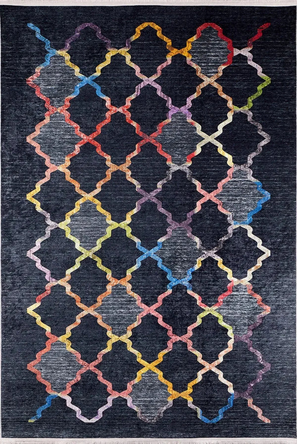 Siyah Elmas Desenli Geometrik Halı - Yıkanabilir - Kaymaz Taban - Pati Dostu