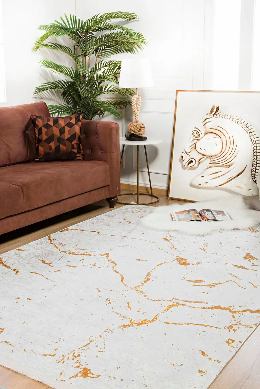 Beyaz Gold Mermer Desenli Modern Halı - Yıkanabilir - Kaymaz Taban - Pati Dostu