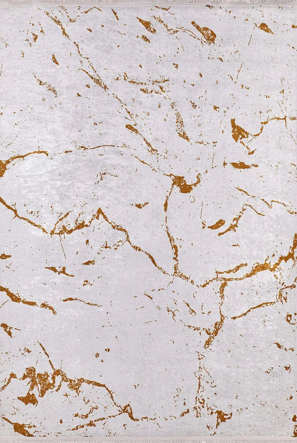 Beyaz Gold Mermer Desenli Modern Halı - Yıkanabilir - Kaymaz Taban - Pati Dostu