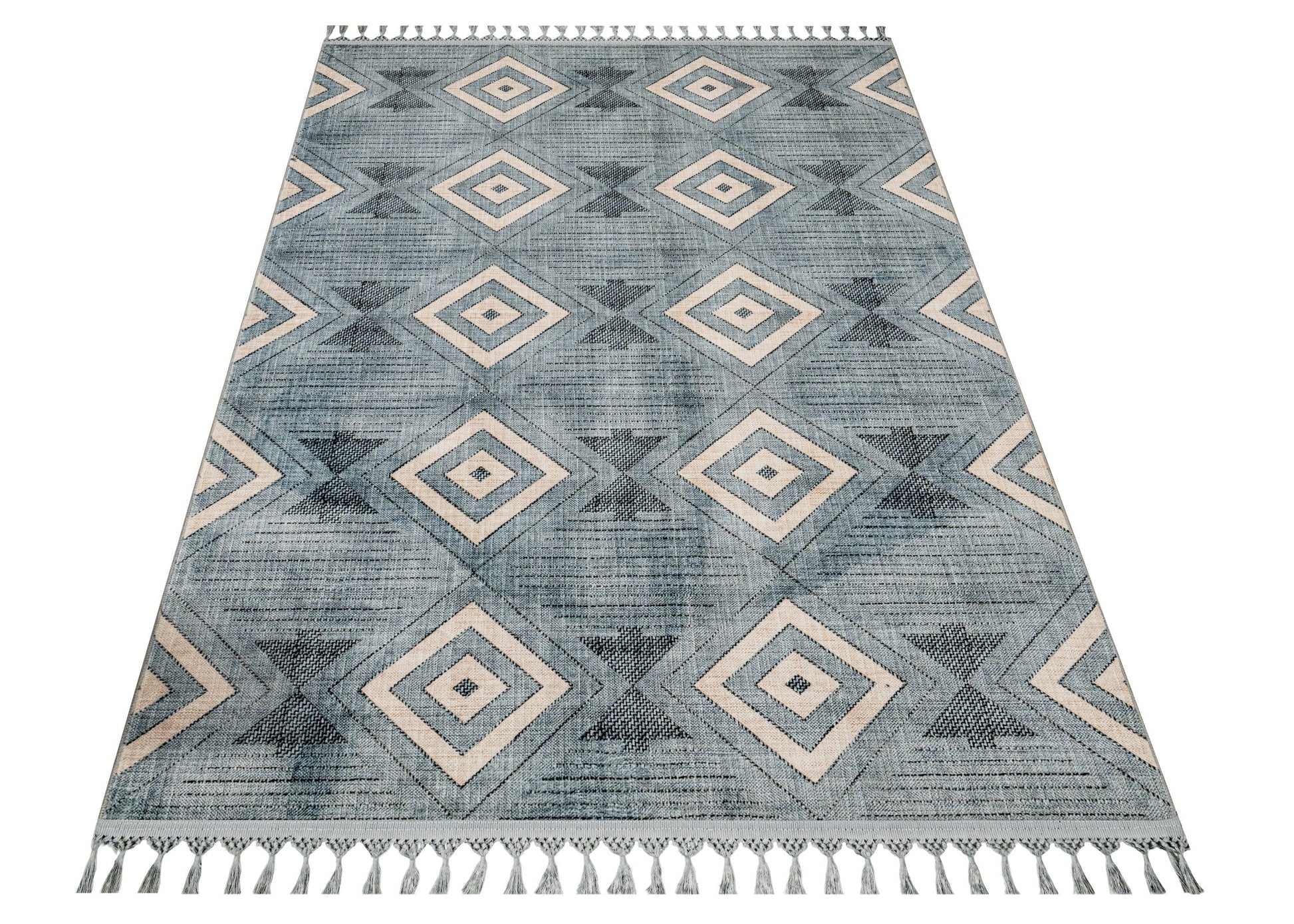 Gri Krem Baklava Desenli Bohem Triko Halı - Yıkanabilir - Kaymaz Taban - Pati Dostu